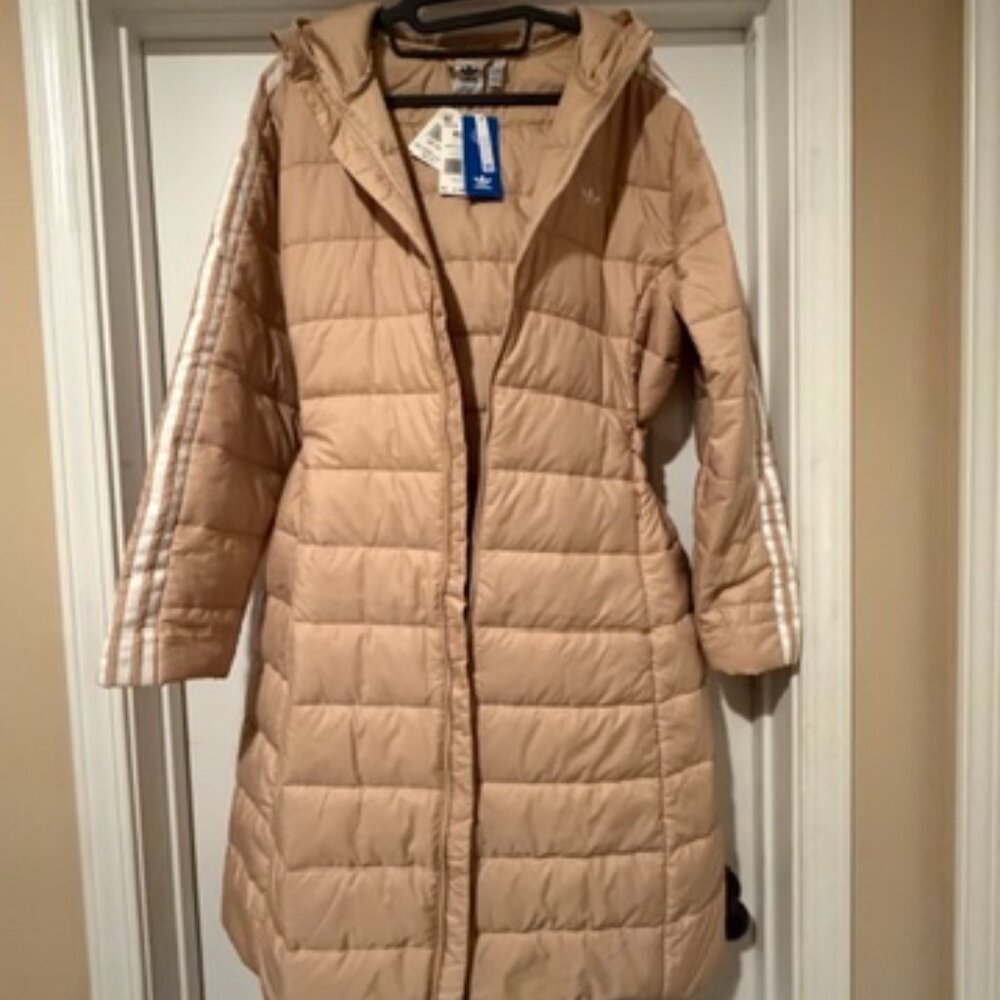 Adidas Originals Long Puffer Jacket XL Beige Belted Hooded NWT HK5252